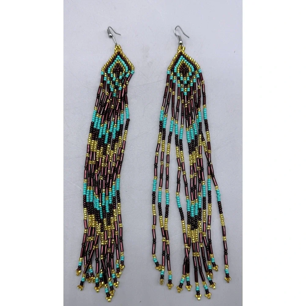 Handmade Seed Bead Fringe Earrings Turquoise Gold Dark Purple Chevron Boho 8.25